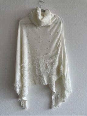 Cozy Cream Turtleneck Pearl-Accent Poncho